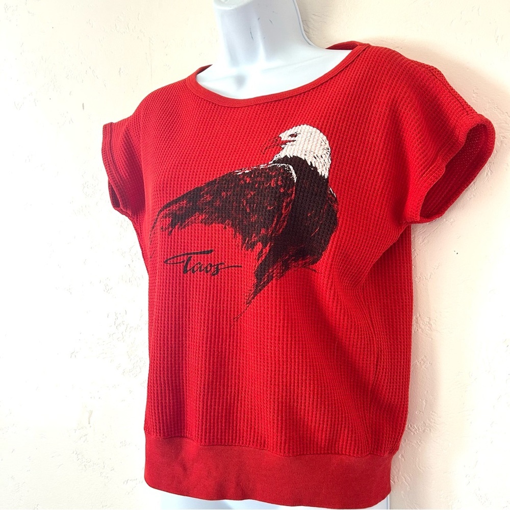 VINTAGE 80s Waffle Knit Cap Sleeve Red Eagle Graphic  T-Shirt Womens M USA RARE - Picture 2 of 8